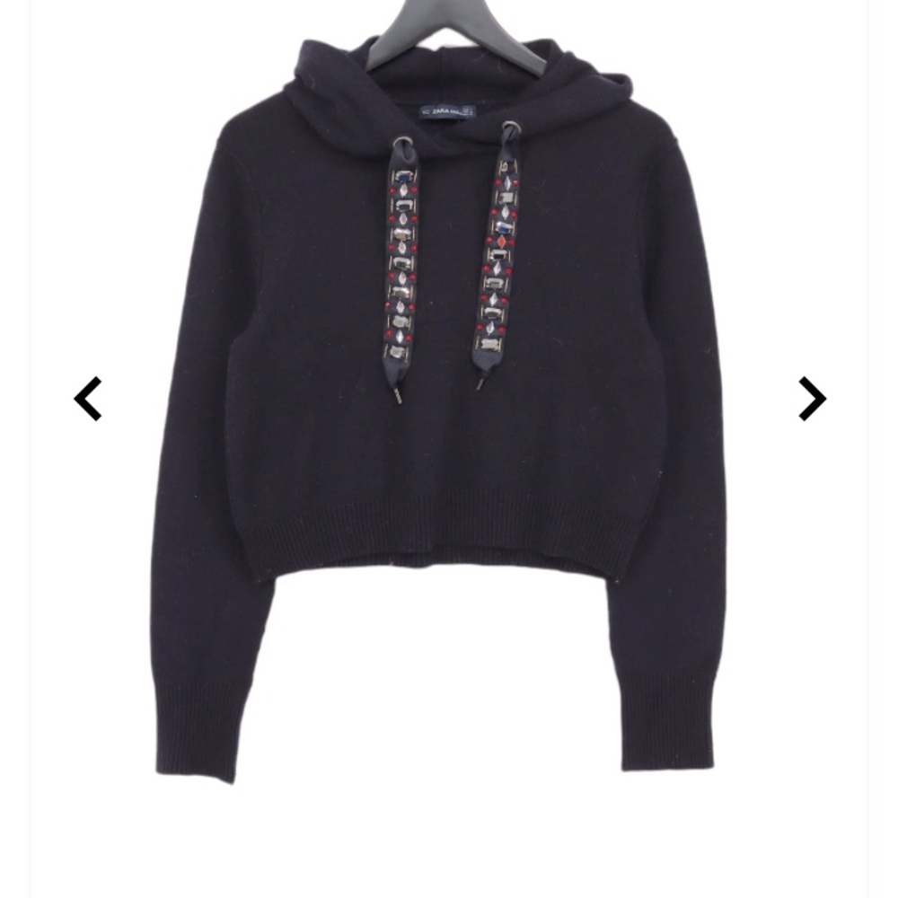 Zara Knit Cropped Knit Hoodie Navy w/ Jeweled Drawstrings Long Sleeve Sz Med